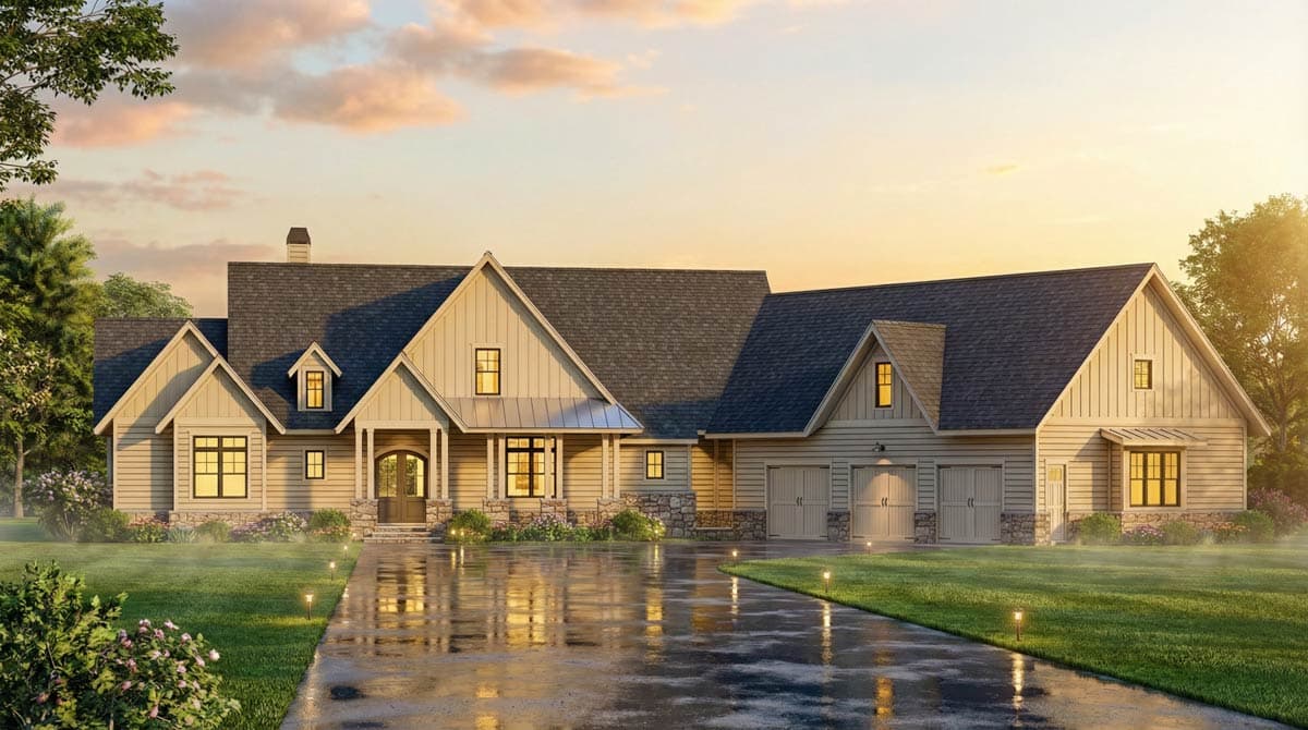 House plan exterior: Modern Farmhouse style, one story, with covered entry, multiple gables, dormers, and a three-car garage.