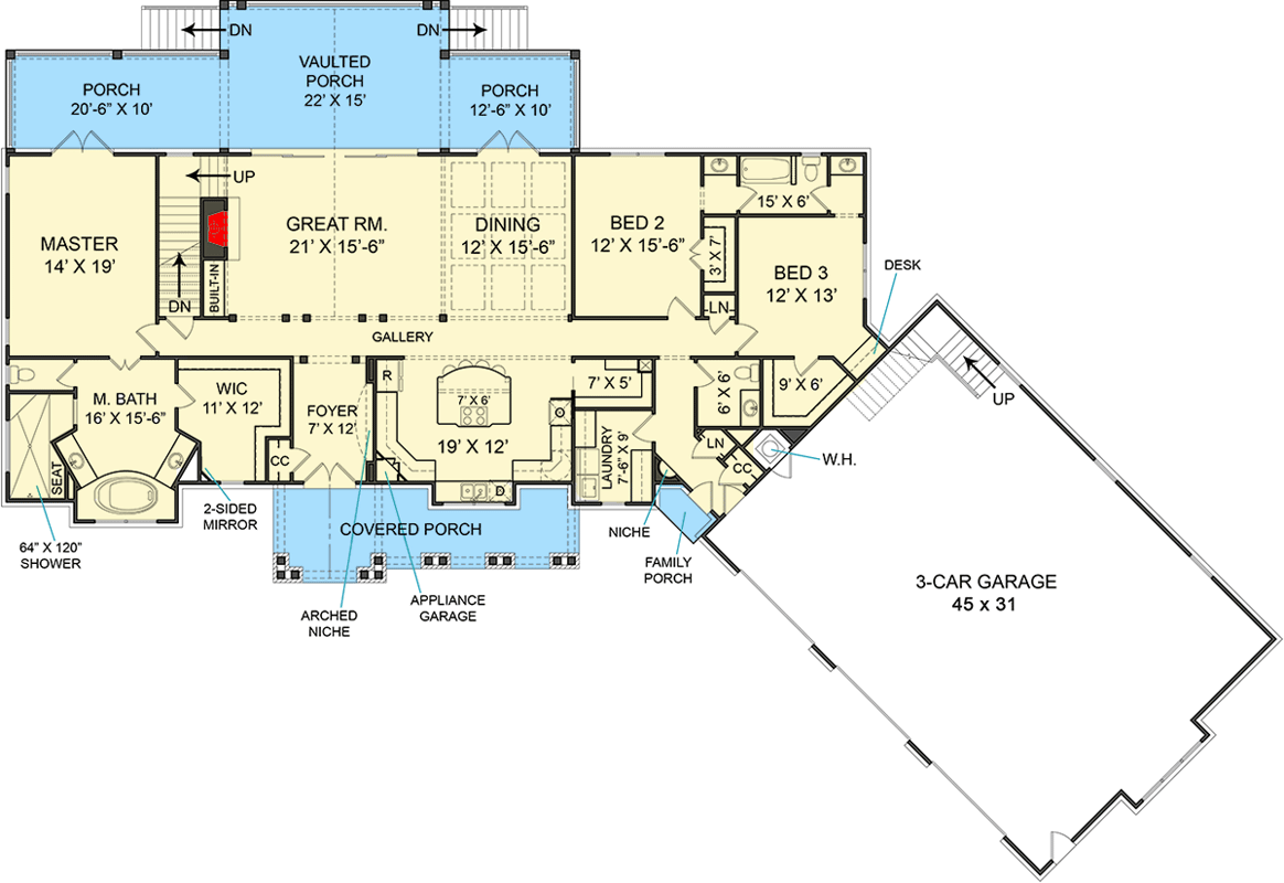 Plan 12276JL: Rustic Ranch With Bonus Upstairs Spaces - Floor Plan - Main Level - Country, Craftsman, Mountain, Ranch