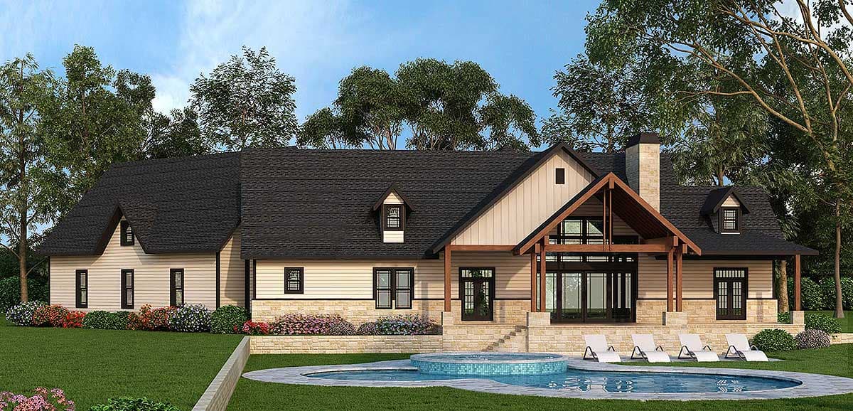 House plan exterior: Modern Farmhouse style, two stories, with a covered porch, gables, dormers, and a stone chimney.