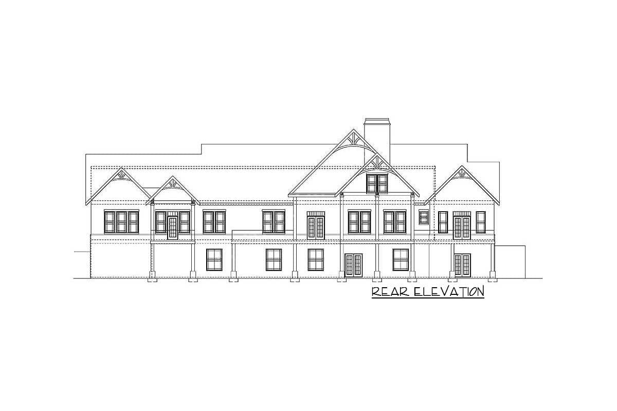 Rear elevation drawing of a house plan with multiple gables, dormers, and a prominent central gable with a chimney.