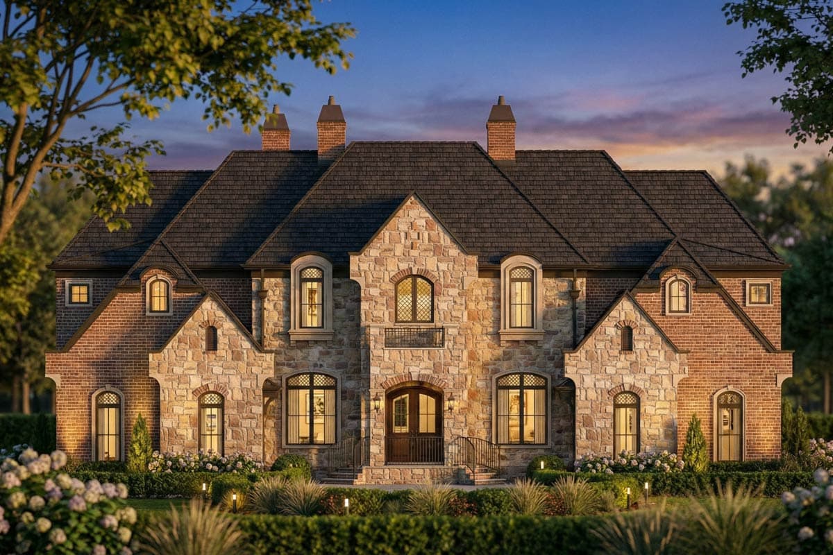 House plan exterior. Two-story with stone facade, arched windows, and multiple dormers. Features include a centered entryway and a covered porch.
