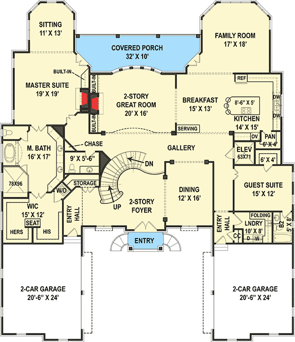 Plan 12278JL: Six Bedroom Luxury Chateau - Floor Plan - Main Level - European, French Country