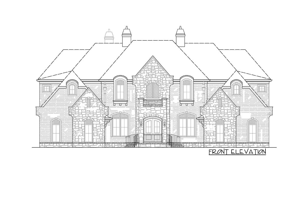 Front elevation drawing of a two-story house with stone accents, dormers, and arched windows.