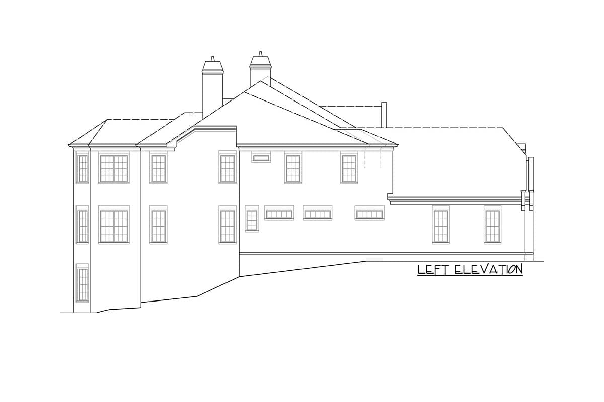 Left elevation house plan shows a multi-story structure with gabled rooflines, two prominent chimneys, and numerous multi-pane windows.