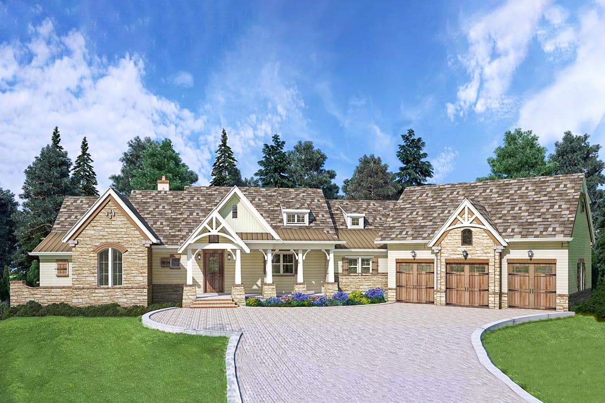 House plan exterior with stone and siding, Craftsman style, single story, front porch, multiple gables, and three-car garage with carriage doors.