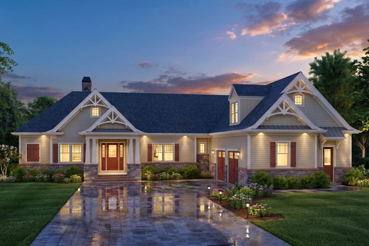 House plan exterior of a one-story home with a covered front porch, stone accents, multiple gables, and a side-entry garage.