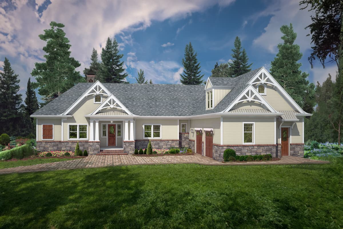 House plan exterior. Craftsman style with gabled roof, stone veneer on the lower level, and a covered front porch with decorative trim details.