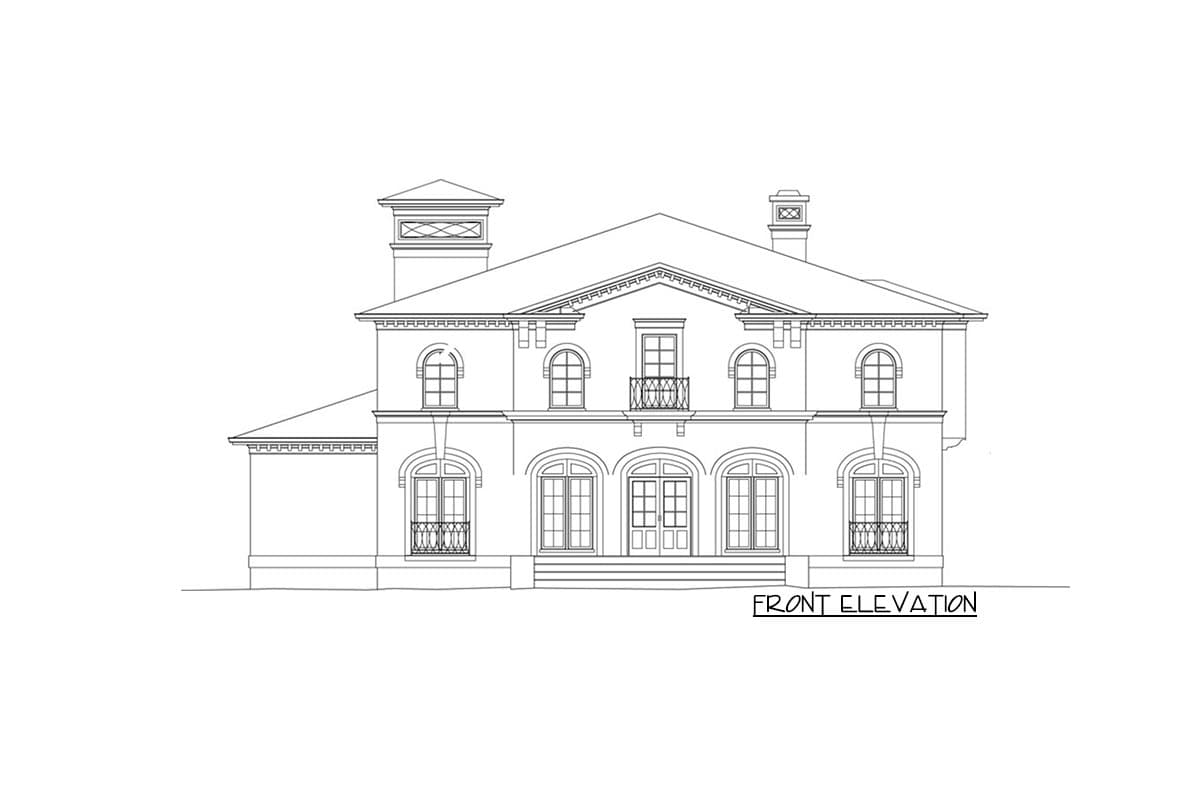 Front elevation drawing of a two-story house with arched windows, a central balcony, and decorative cornices.