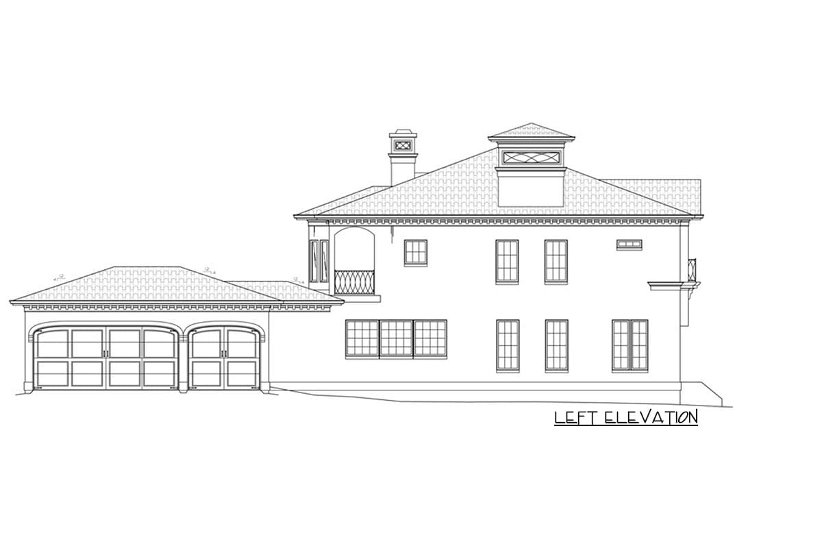 Left elevation of a two-story house plan with a side-entry two-car garage, arched garage doors, a balcony, and a cupola.
