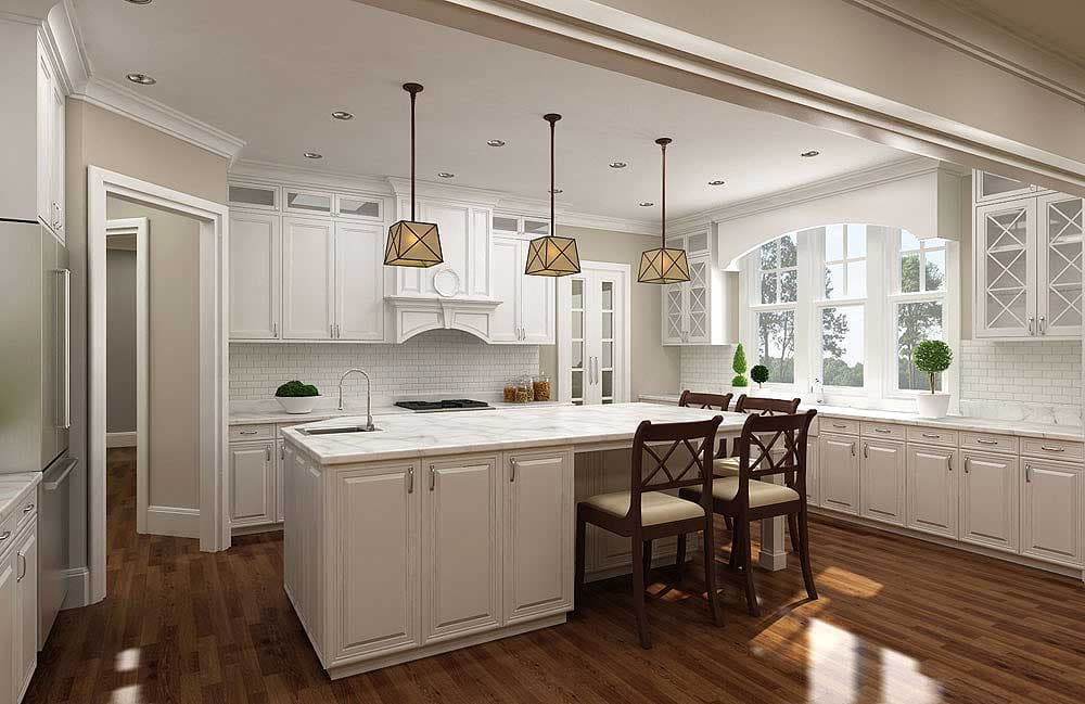 Kitchen with island, white cabinets, subway tile backsplash, pendant lights, and large arched windows.