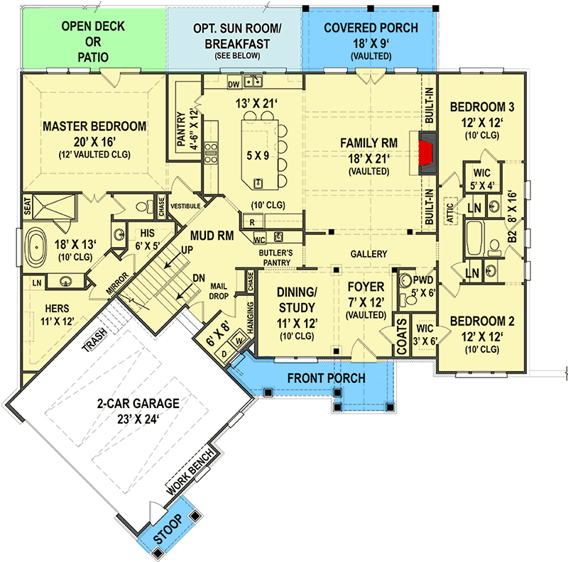 Plan 12283JL: Classic 3 Bed Design with Angled Garage and Bonus Expansion - 2619 Sq Ft - Floor Plan - Main Level - Mountain, Traditional