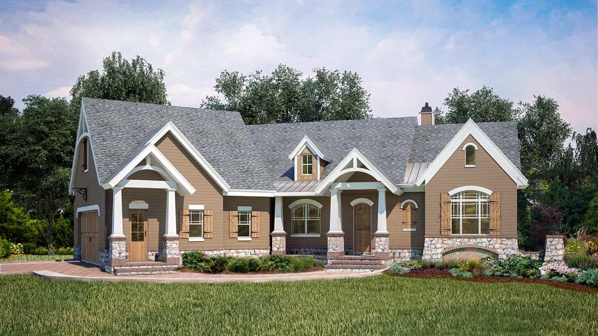 House plan exterior with Craftsman style, single story, gabled roof, stone accents, and front porch.