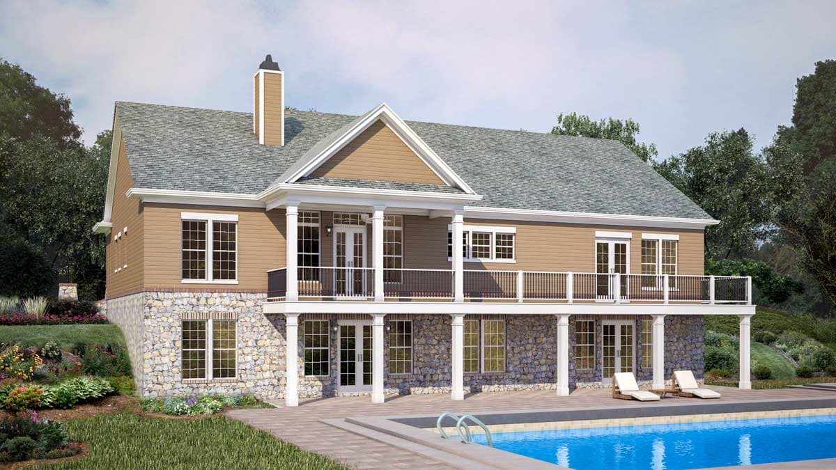 House plan exterior: Two-story home with stone foundation, prominent chimney, covered porch, and wraparound deck.