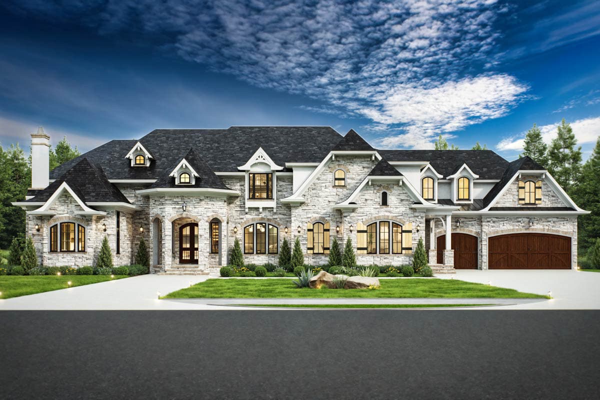 House plan exterior of a two-story home with stone facade, multiple gables, dormers, and a side-entry three-car garage.