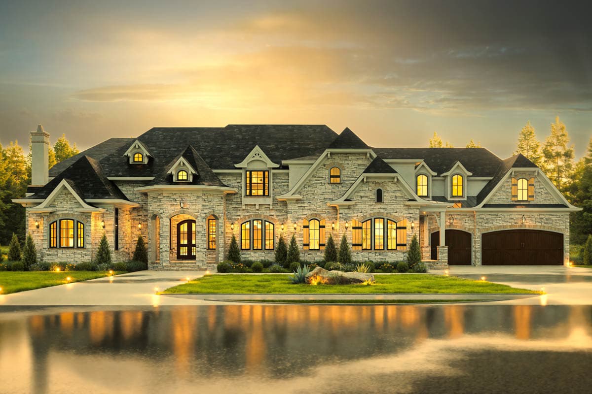 House plan exterior: Two-story stone facade with multiple gables, arched windows, dormers, and a three-car garage.