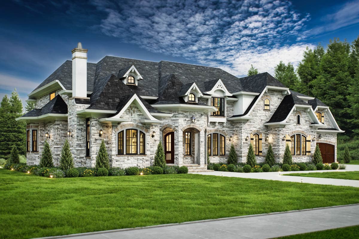 House plan exterior: European style, two stories, stone facade, multiple gables, arched windows, prominent chimney.