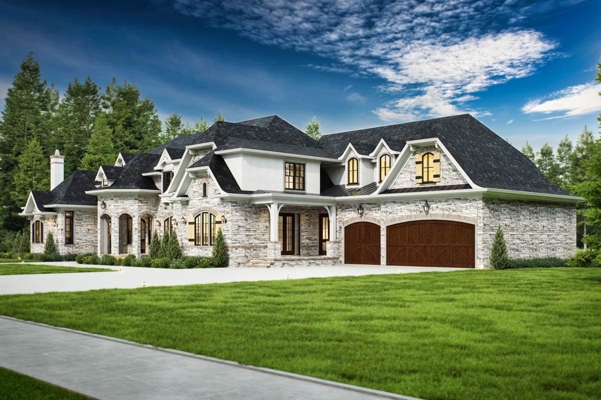 House plan exterior: Two-story stone residence with multiple gables, arched windows, a covered entry, and a triple garage.
