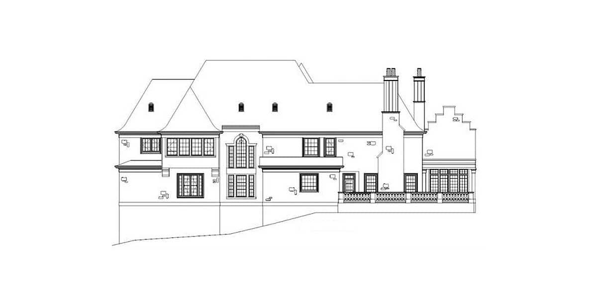 Architectural drawing of a house plan, side elevation. Features include varied rooflines, dormers, chimneys, and an arched window.