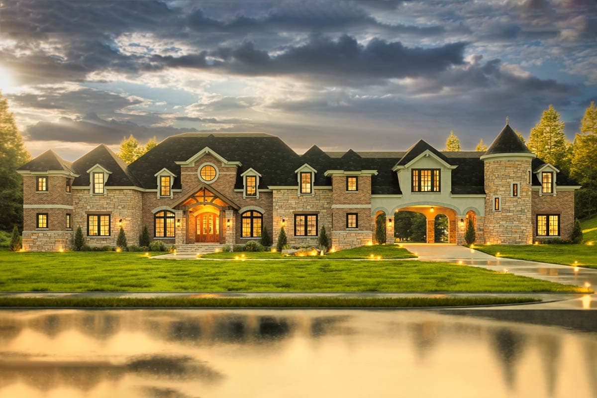 House plan exterior with brick and stone facade, arched entryway, dormers, and a turretd detail.