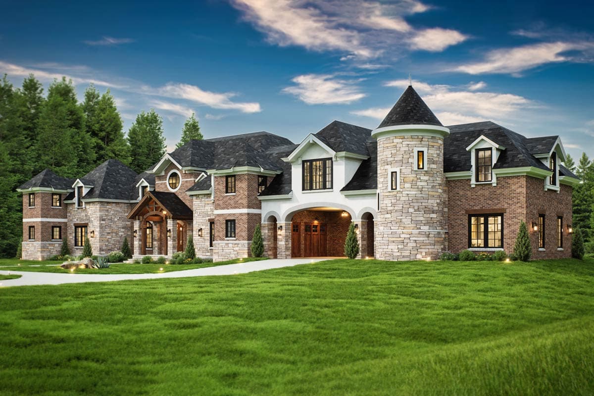 House plan exterior featuring a turret, stone and brick facade, arched entryway, and multiple gables.