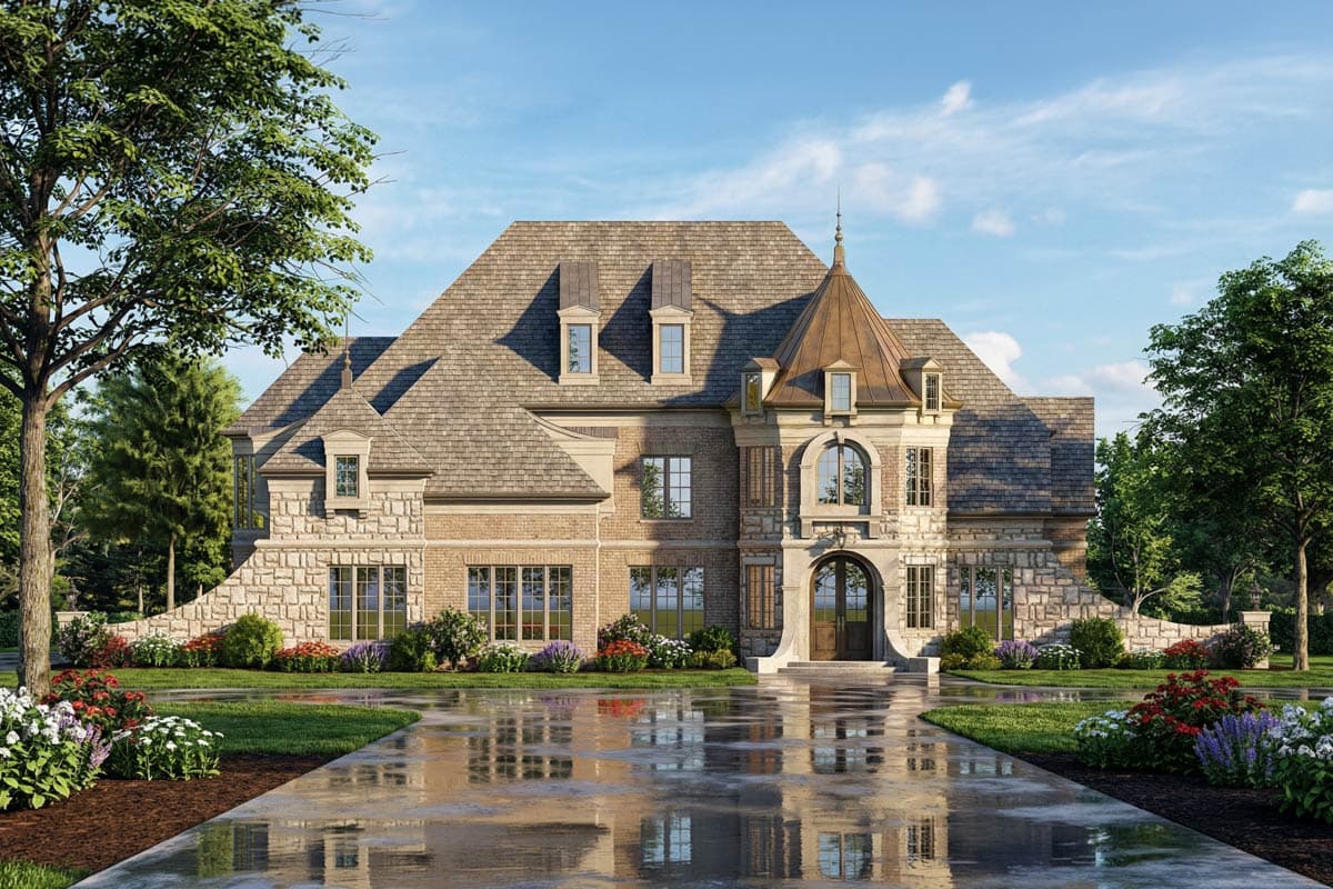 House plan exterior: multi-story, stone and brick facade, mansard roof with dormers, arched entry, and prominent chimney.