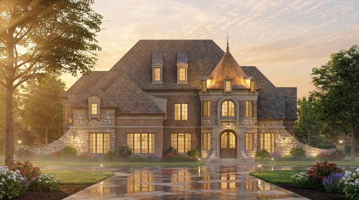 House plan exterior: French Country style, mansard roof, dormers, arched entryway, and stone accents.