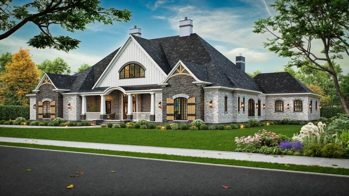 House plan exterior: L-shaped ranch with stone accents, gabled dormers, covered front porch, and arched windows.