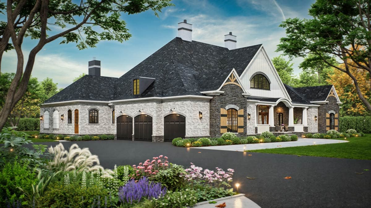 House plan exterior rendering: Tudor style, white brick, stone accents, triple garage, arched windows, dormer, and covered porch.