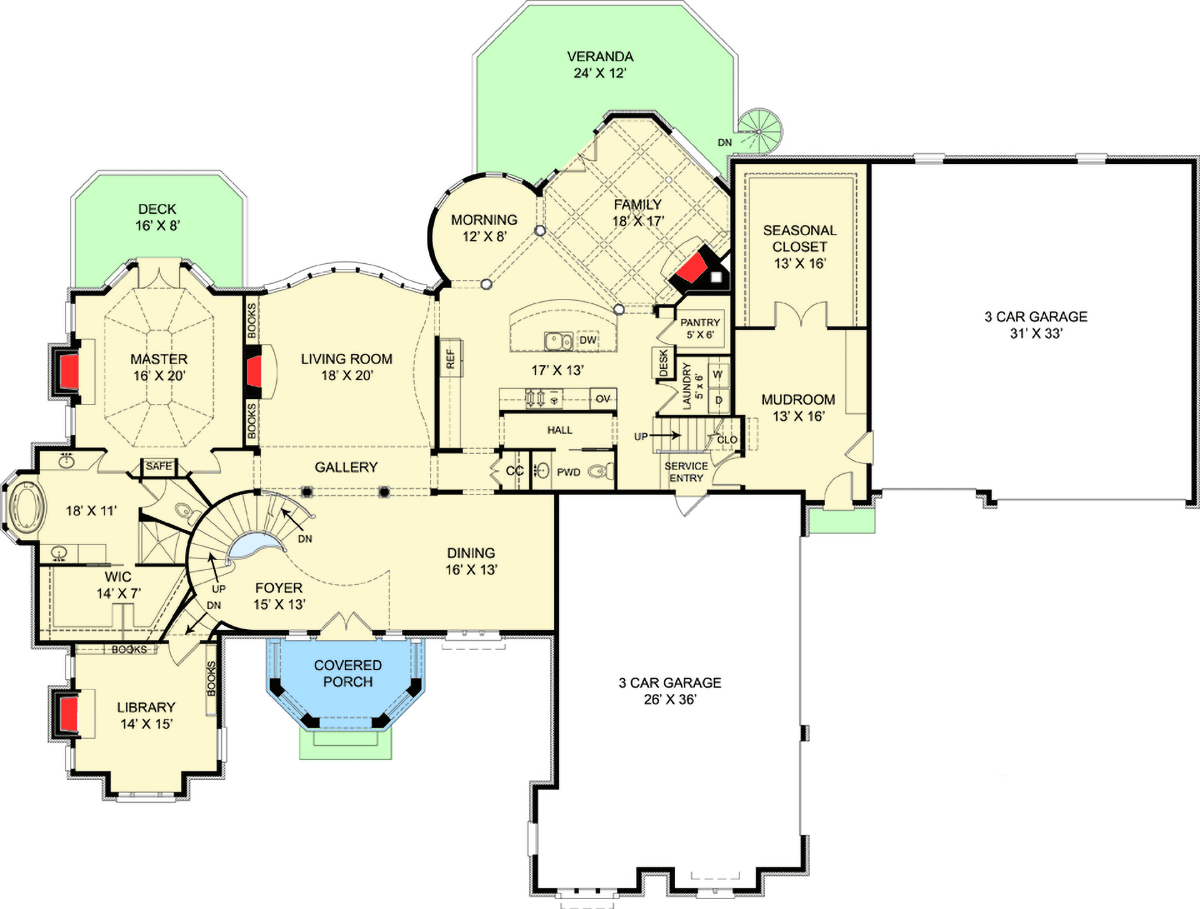 Plan 12301JL: European Home with Two-Story Library and Master - 4962 Sq Ft - Floor Plan - Main Level - European, French Country
