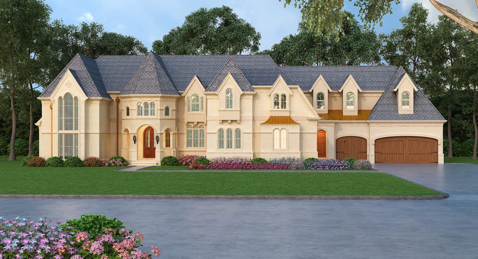 House plan exterior featuring a light stone facade, steeply pitched roof with dormers, arched windows, and a side-entry three-car garage.