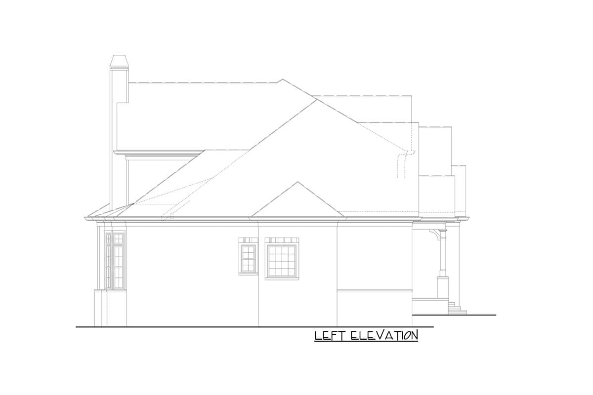 Left elevation drawing of a house plan with multiple gables, a chimney, and a covered porch.