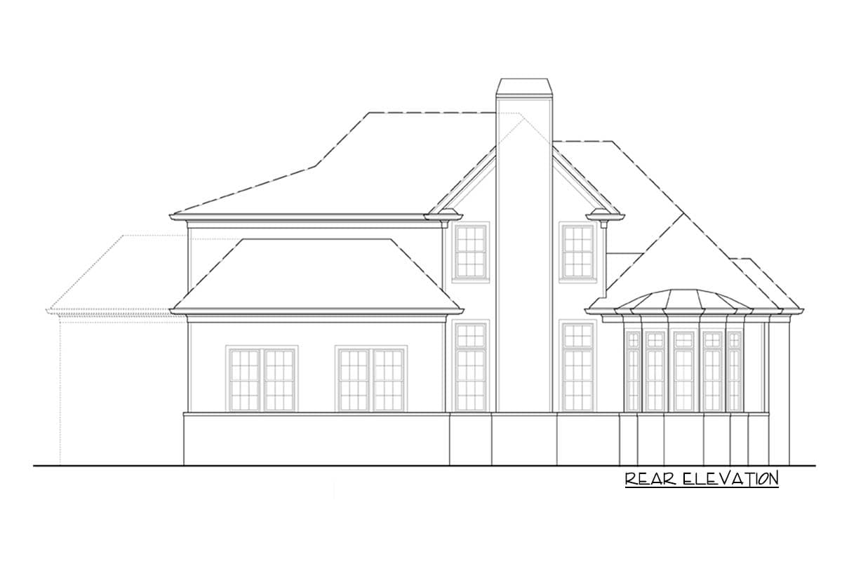 Rear elevation house plan showing multi-level rooflines, a prominent chimney, and a bay window.