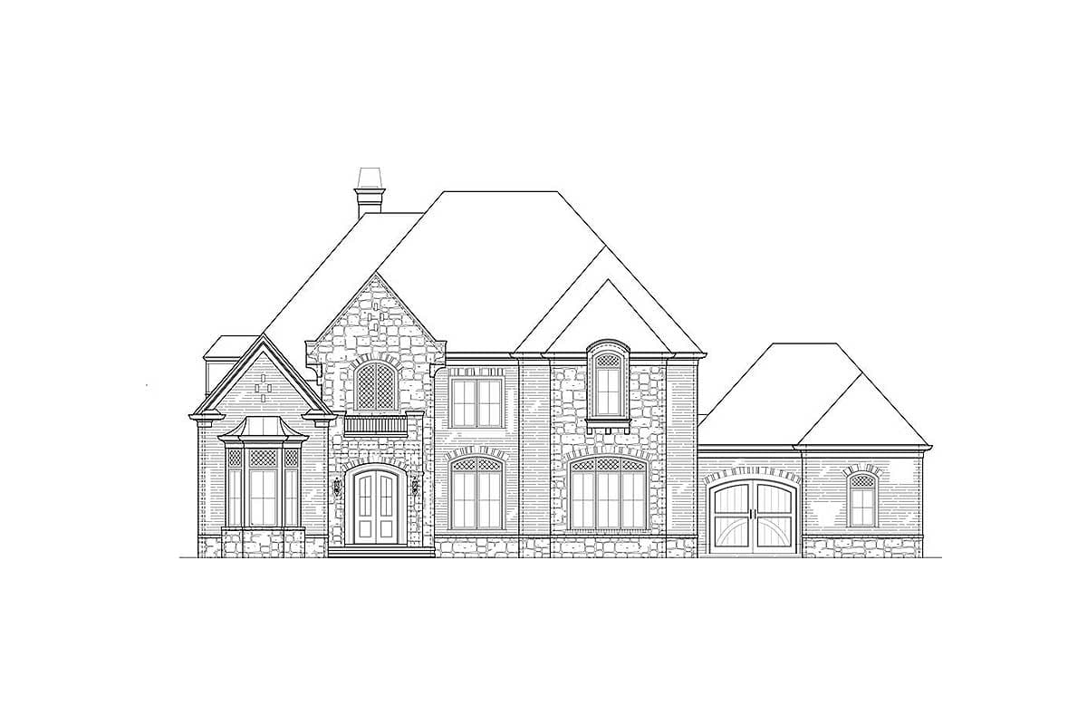 House plan exterior drawing featuring stone accents, multiple gables, arched windows, a prominent chimney, and a two-car garage.