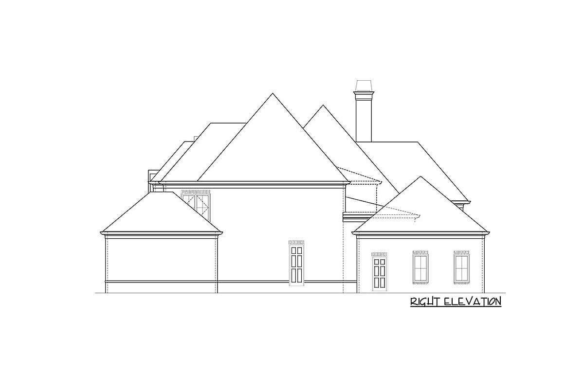 House plan right elevation drawing showing multiple gables, a chimney, and various window styles.