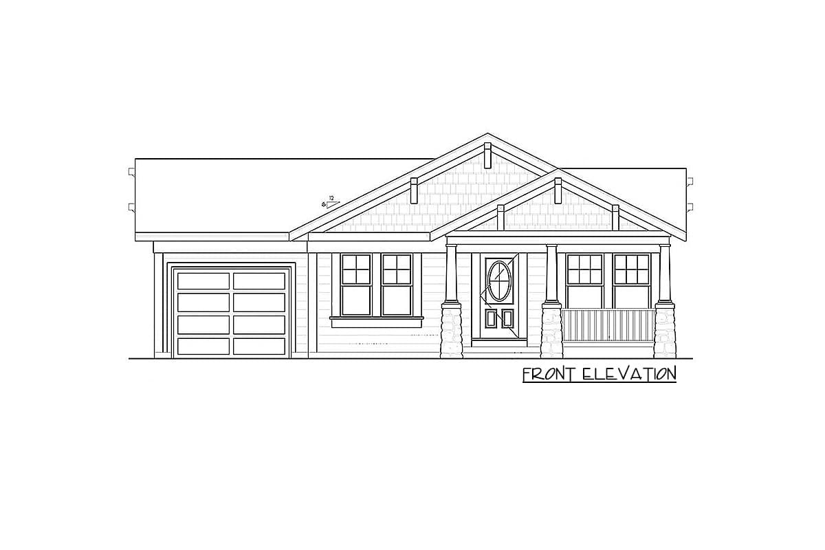 Front elevation drawing of a one-story house plan with a gable roof, front porch with stone-clad columns, and an attached garage.