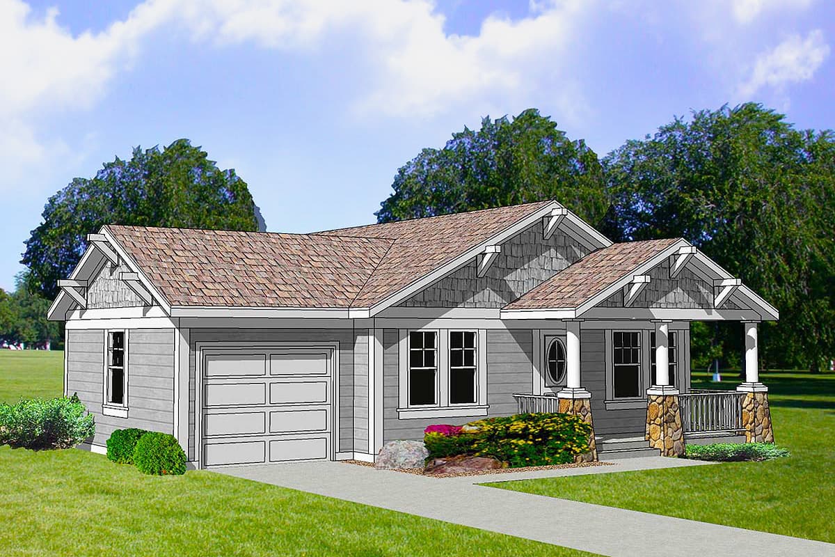 Craftsman house plan exterior with a single story, front porch with stone pillars, and gabled rooflines with decorative brackets.