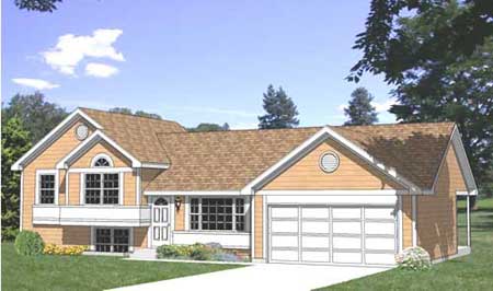 House plan exterior: Two-story home with a front-facing gabled roof, dormer, and attached two-car garage.