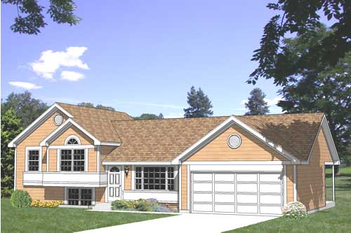 House plan exterior, two stories, with gables, dormers, and attached garage.