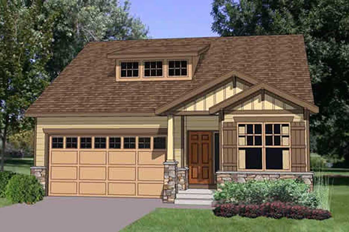 Craftsman house plan exterior with gabled dormer, stone accents, front-entry garage, and covered porch.