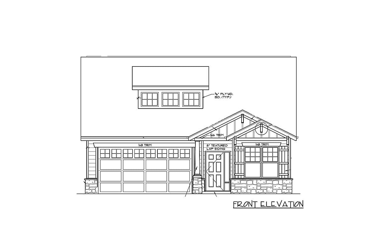 Front elevation drawing of a house plan showing a multi-pane garage door, entry door, textured lap siding, stone accents, and gabled roof.