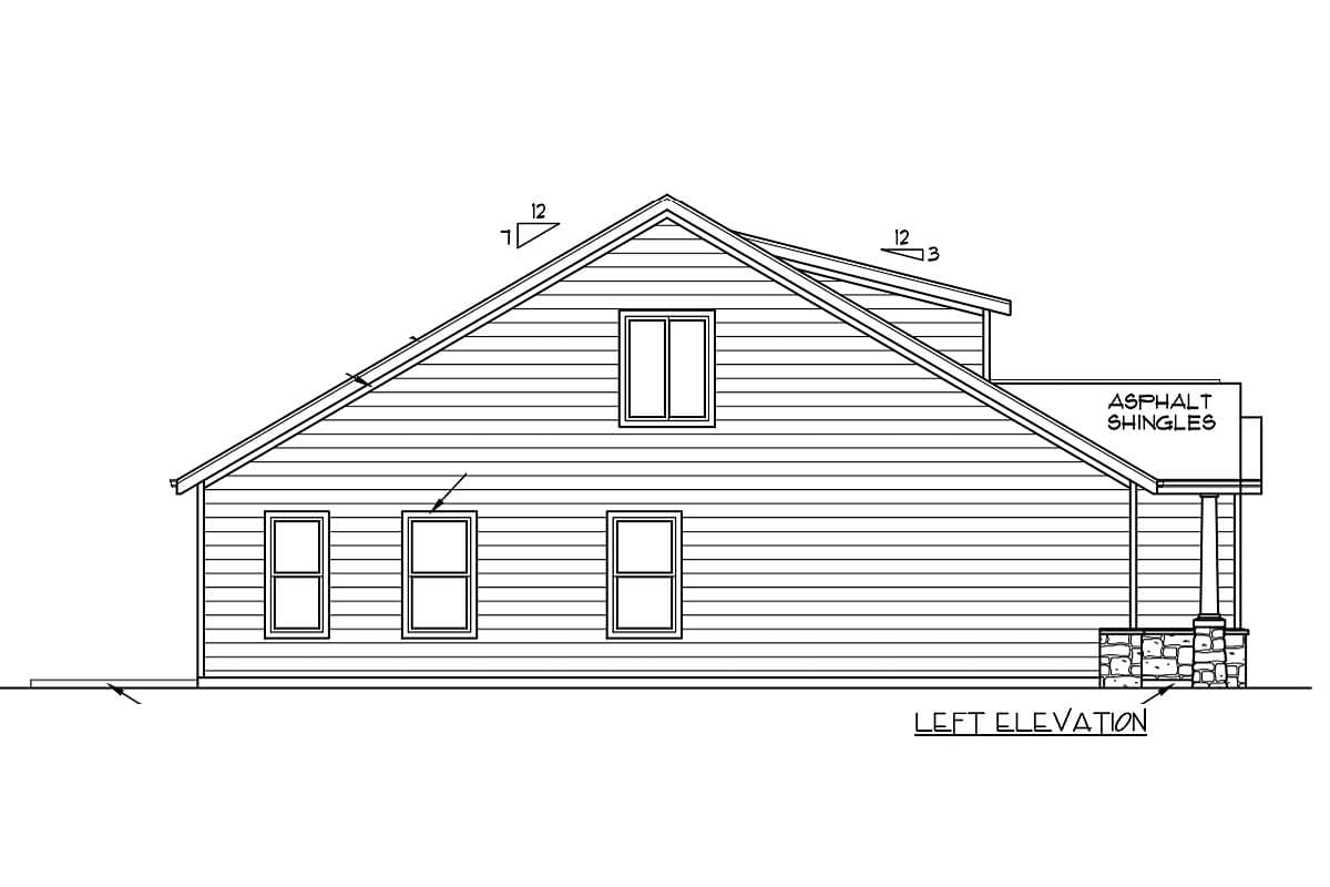 Left elevation of a house plan showing a gable roof, asphalt shingles, multiple windows, and a stone-accented porch.