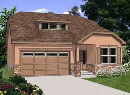 House plan exterior: one-story home with a front-facing garage, dormers, stone accents, and a covered front porch.