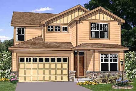 House plan exterior of two-story home with gabled dormers, stone foundation, and attached garage.