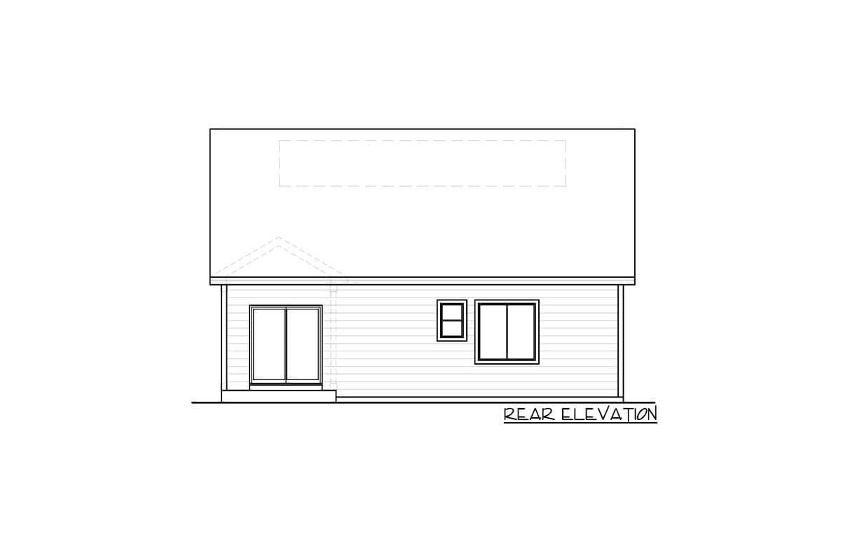 Rear elevation house plan: one-story structure with a gable roof, two sliding doors, and two windows.