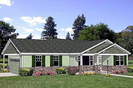 House plan exterior: Single-story Modern Farmhouse with attached garage, stone foundation, gabled entrance porch, and dormer.