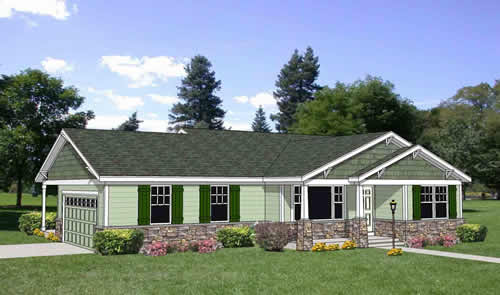 House plan exterior: Ranch style, one story, with a gable roof, stone base, covered front porch, and attached garage.