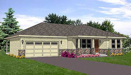 House plan exterior of a single-story home with a two-car garage, stone accent siding, and a covered entry.