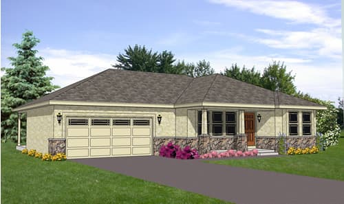 House plan exterior: One-story ranch with attached garage, stone accents, covered porch, and multiple windows.