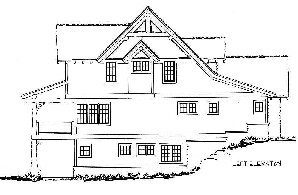 House plan, left elevation. Features multi-level rooflines, gables, dormer, and porch with exposed rafter tails.