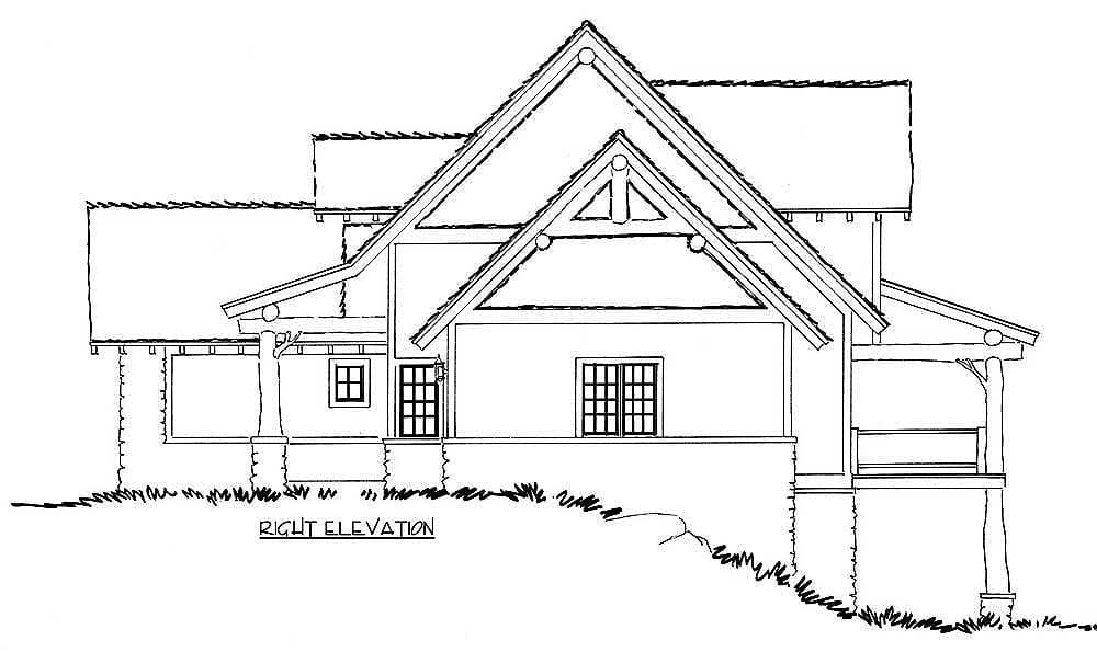 Right elevation house plan featuring gabled dormer, large gable with exposed rafter tails, and covered porch.